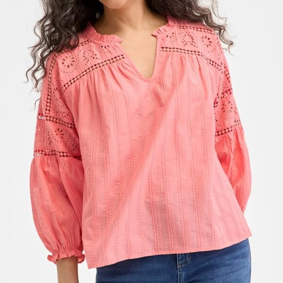 Style & Co Women's XL 100% Cotton Eyelet Embroidered 3/4 Sleeves Top Salmon $60 - Picture 1 of 16